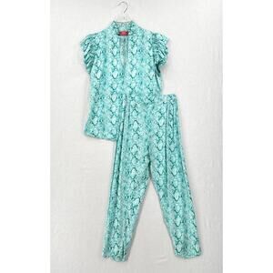 FEATHER AND FIND Paradisio Ruffle Top  and Relax Pant Set Womens XS Blue Python